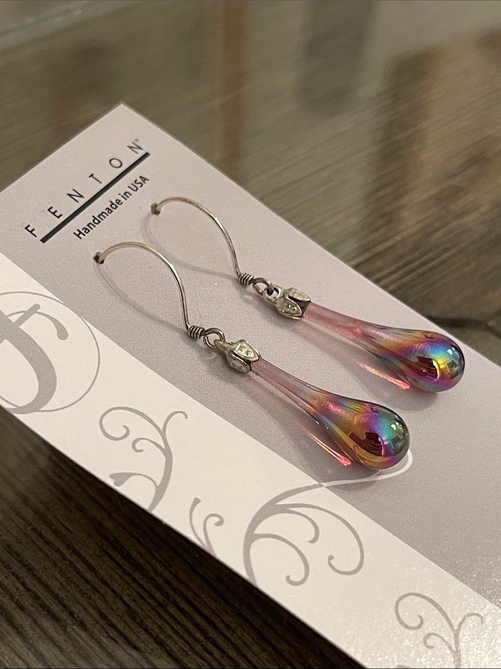 FENTON Carnival Art Glass Tear Drop Earrings Iridescent .925 Sterling Wire NWT - Picture 4 of 16